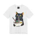 Ramen Cat T-Shirt  Cute Black Cat Slurping Noodles Graphic Tee